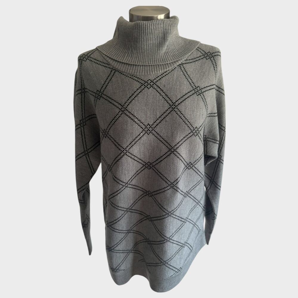 Liz Claiborne Medium Turtleneck Sweater Gray Black Pattern 100% Acrylic